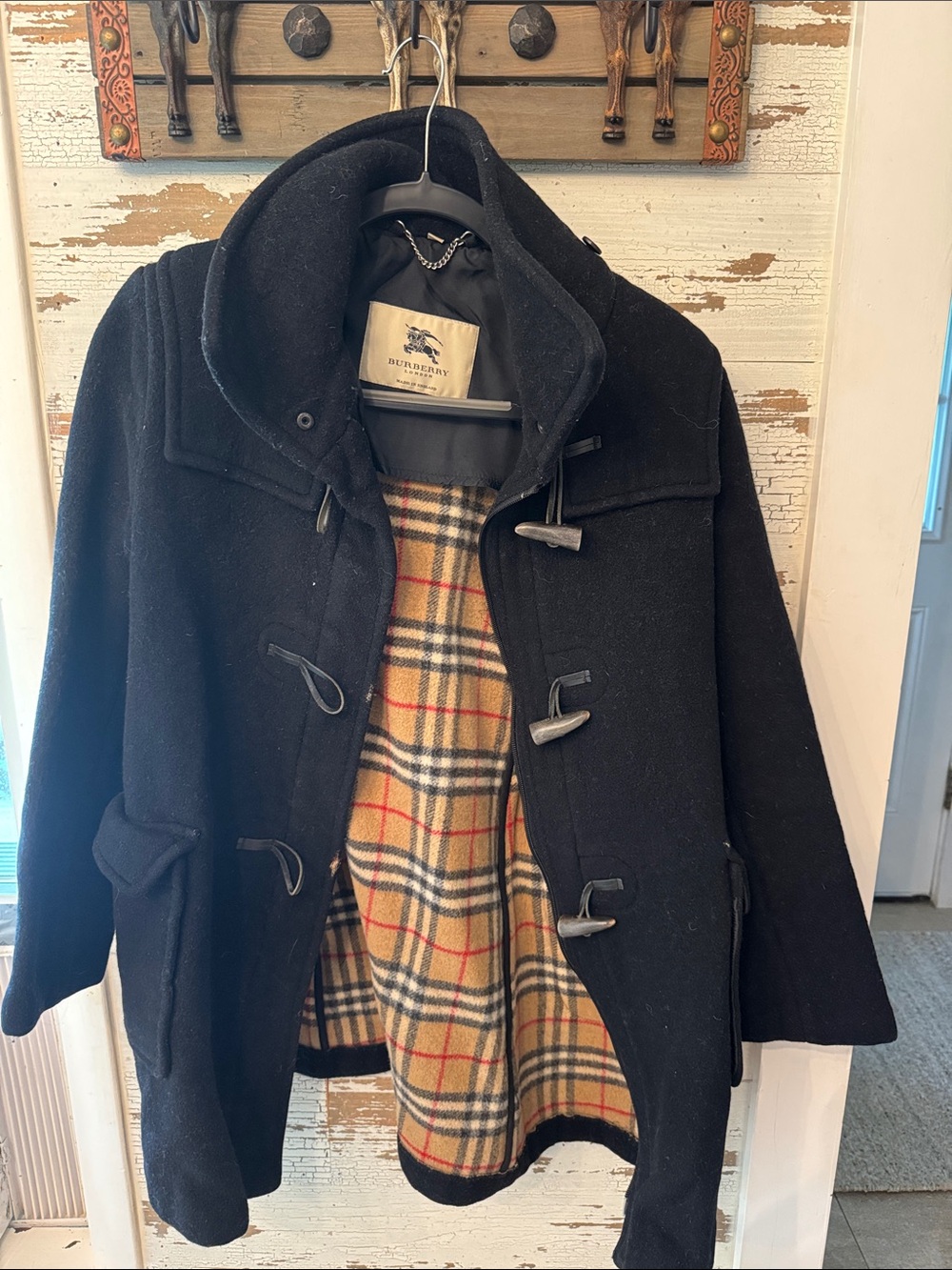 Burberry Black Wool Pea Coat with Beige Tartan Lining